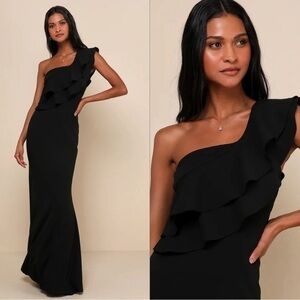 ⚫️ Grand Beauty Black Ruffled One-Shoulder Mermaid Maxi Dress​​​​